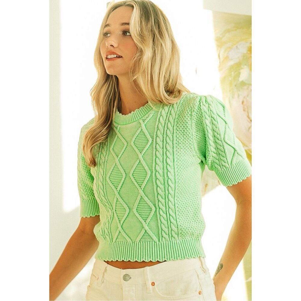 BiBi Mineral Acid Wash Y2K Cable Knit Short Sleeve Cropped Sweater Womens XL - Picture 4 of 15